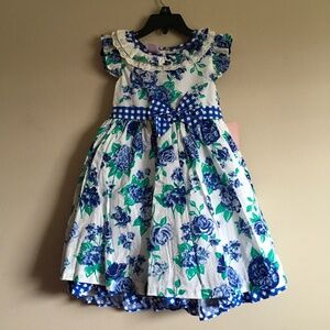 Nannette Girl Blue/White Floral Poly/Cotton Petticoat Flatter Sleeve Dress sz 5.